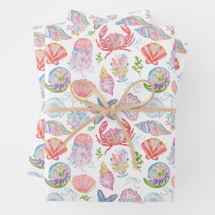 Watercolor Preppy Coastal Merry & Bright Wrapping Paper Sheets