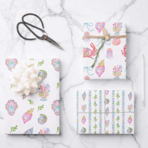 Watercolor Preppy Coastal Merry & Bright Wrapping Paper Sheets
