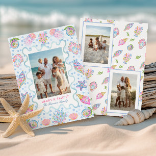 Watercolor Preppy Coastal Merry Christmas Photo Holiday Card