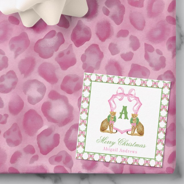 Watercolor Preppy Leopard Christmas Monogram Crest Note Card (Creator Uploaded)