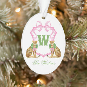 Watercolor Preppy Leopard Christmas Monogram Crest Ornament