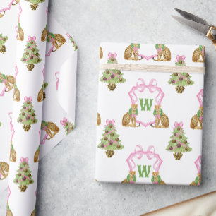 Watercolor Preppy Leopard Christmas Monogram Crest Wrapping Paper