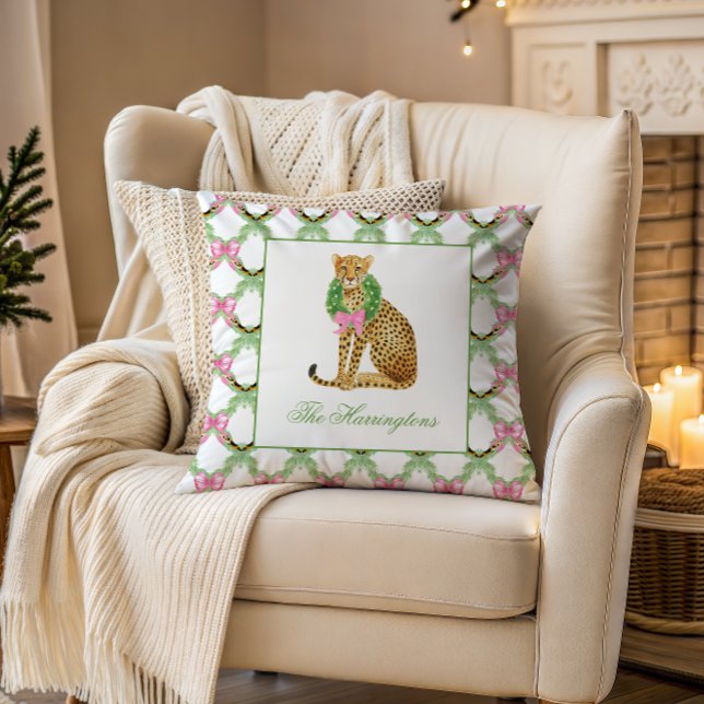 Watercolor Preppy Leopard Christmas Throw Pillow (Creator Uploaded)