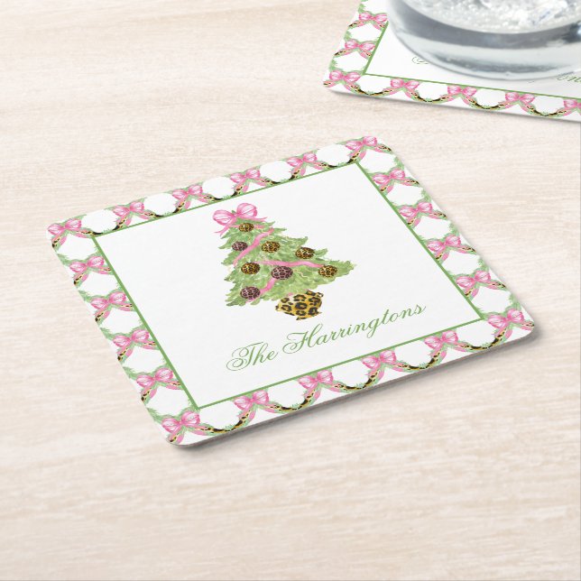 Watercolor Preppy Leopard Christmas Tree Square Paper Coaster (Angled)