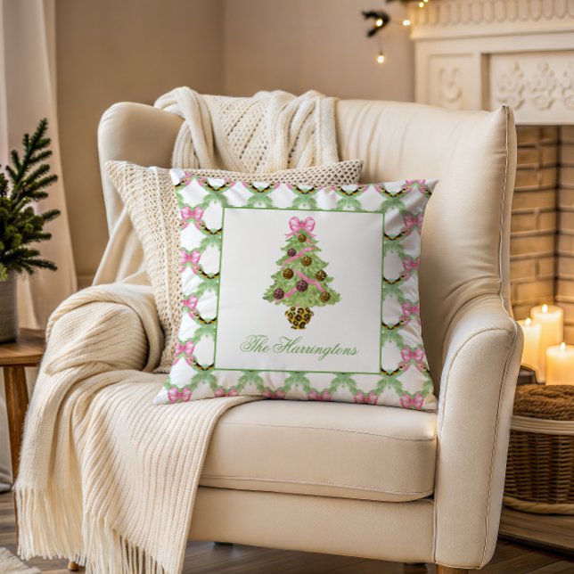 Watercolor Preppy Leopard Christmas Tree Throw Pillow (Creator Uploaded)
