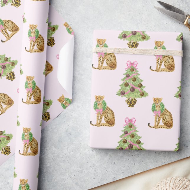 Watercolor Preppy Leopard Christmas Tree Wrapping Paper (Creator Uploaded)