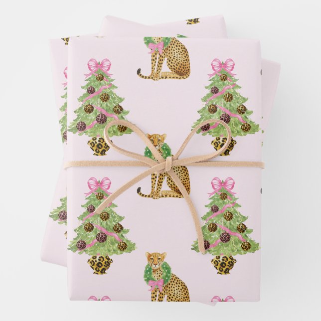 Watercolor Preppy Leopard Christmas Tree Wrapping Paper Sheets (In situ)