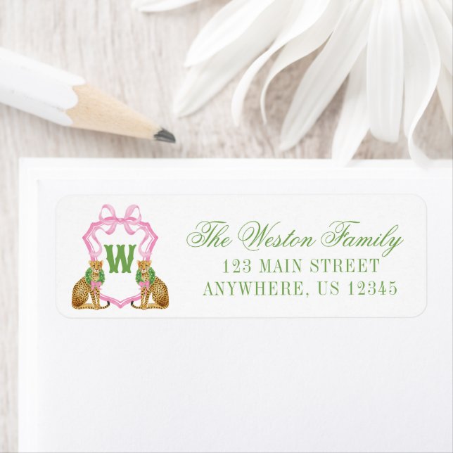 Watercolor Preppy Leopard Monogram Crest Address Label (Insitu)