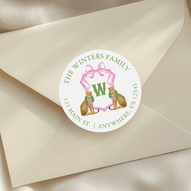 Watercolor Preppy Leopard Monogram Crest Classic Round Sticker (Creator Uploaded)