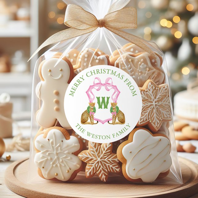 Watercolor Preppy Leopard Monogram Crest Classic Round Sticker (Creator Uploaded)