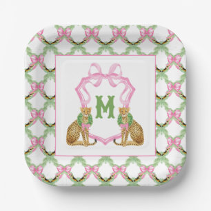 Watercolor Preppy Leopard Monogram Crest Paper Plates