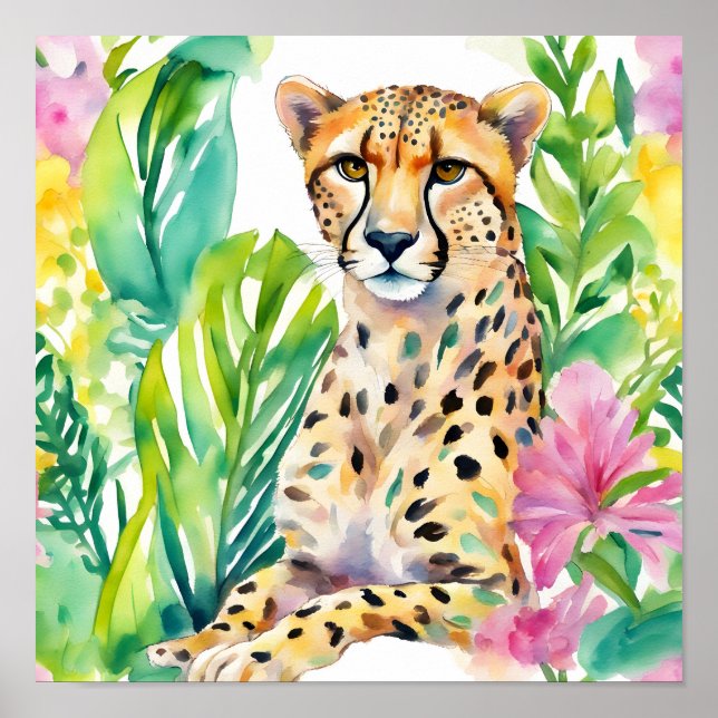 Watercolor Preppy Palm Beach Cheetah in Flowers Poster (Front)