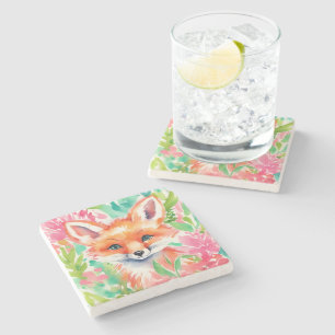 Watercolor Preppy Palm Beach Fox in Flowers Stone Coaster