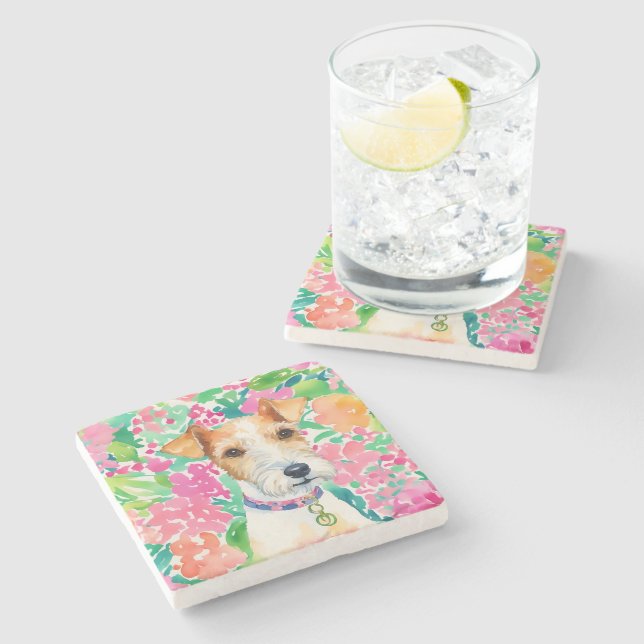 Watercolor Preppy Palm Beach Fox Terrier Dog Stone Coaster (Side)