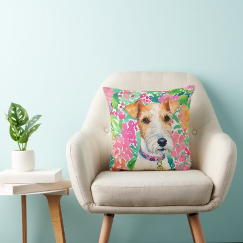 Watercolor Preppy Palm Beach Fox Terrier Dog Throw Pillow