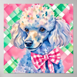 Watercolor Preppy Palm Beach Gingham Poodle Dog Poster