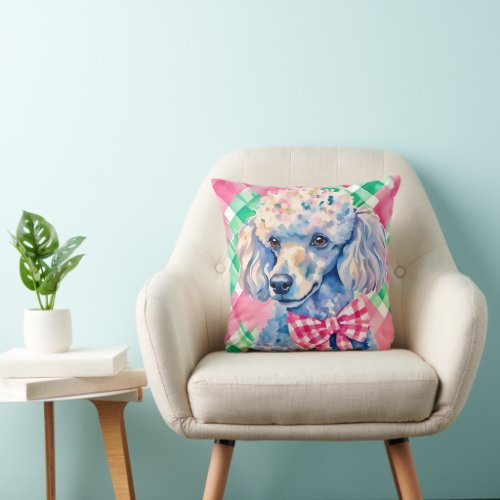 Watercolor Preppy Palm Beach Gingham Poodle Dog Throw Pillow
