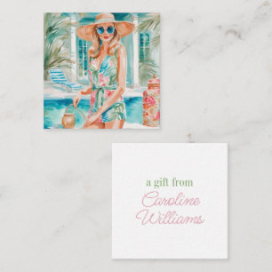 Watercolor Preppy Palm Beach Girl at the Pool Gift Note Card