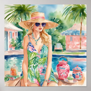 Watercolor Preppy Palm Beach Girl at the Pool Poster