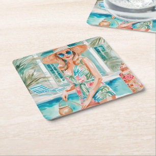 Watercolor Preppy Palm Beach Girl at the Pool Square Paper Coaster
