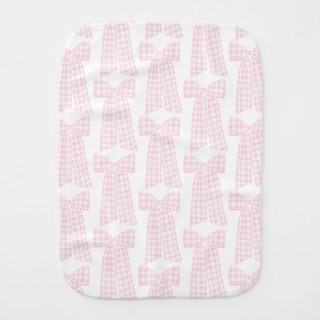 Watercolor Preppy Pink Gingham Bow  Baby Burp Cloth (Front)
