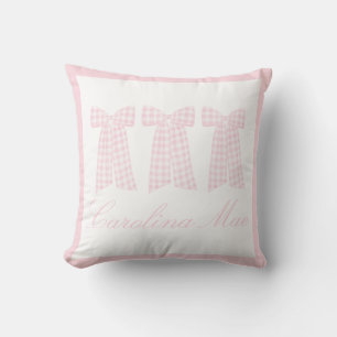 Watercolor Preppy Pink Gingham Bow Throw Pillow