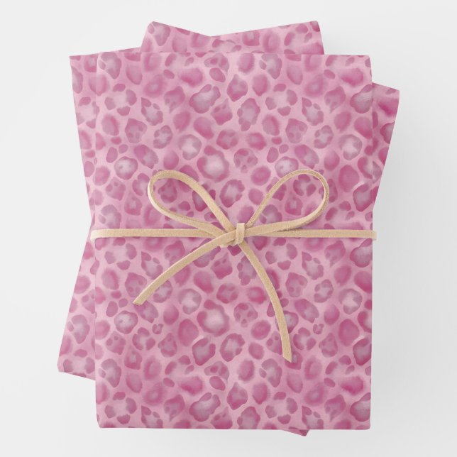 Watercolor Preppy Pink Leopard Print Wrapping Paper Sheets (In situ)