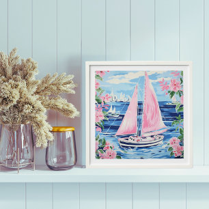 Watercolor Preppy Pink Sailboat Coastal Blue Peel And Stick Photo Tile