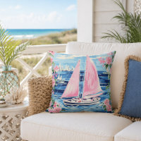Watercolor Preppy Pink Sailboat Coastal Blue
