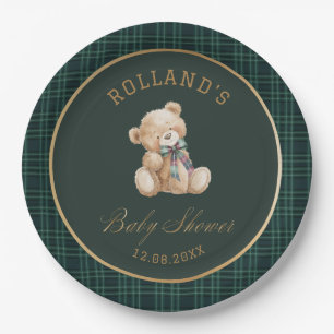 Watercolor preppy plaid teddy bear baby shower Paper Plates