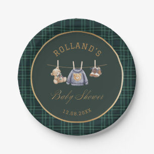  Watercolor preppy plaid teddy bear baby shower Paper Plates