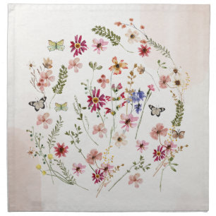 Watercolor pressed & dried Wildflowers Floral Cloth Napkin