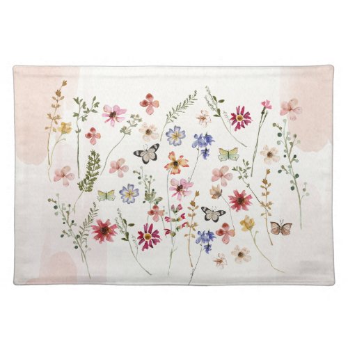 Watercolor pressed  dried Wildflowers Floral Cloth Placemat