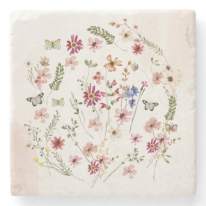 Watercolor pressed & dried Wildflowers Floral Stone Coaster