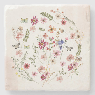 Watercolor pressed & dried Wildflowers Floral Stone Coaster
