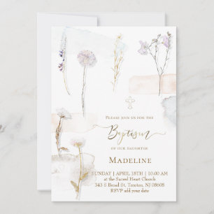watercolor pressed flowers Baptism Invitation