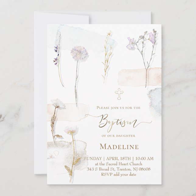 watercolor pressed flowers Baptism Invitation (Front)