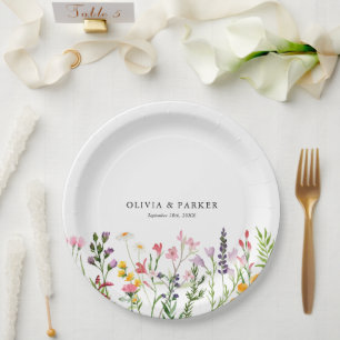 Watercolor Pressed Wildflowers Wedding Paper Plates