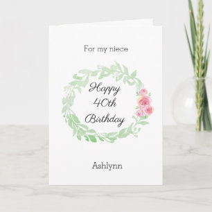 Watercolor Pretty 40th Birthday Niece Card