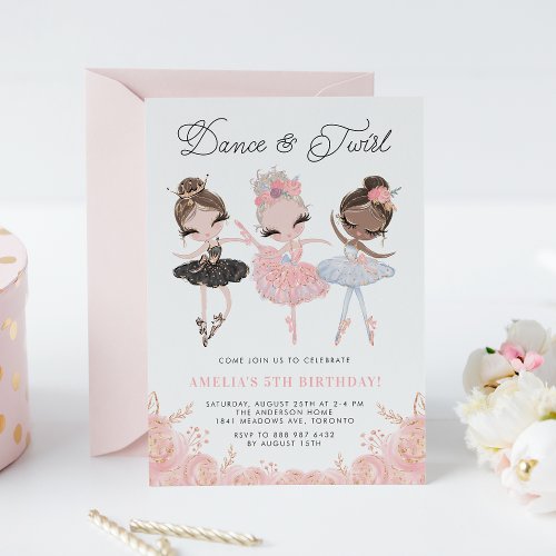 Watercolor Pretty Ballerinas Ballet Birthday Party Invitation