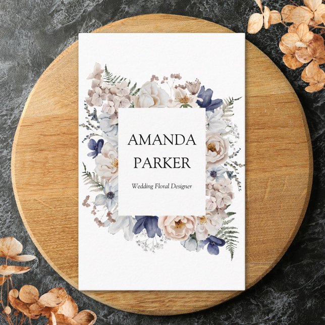 Watercolor Pretty Beige Blue Flowers Floral Business Card (Close up)