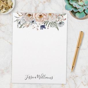 Watercolor Pretty Beige Blue Personalized Floral Letterhead