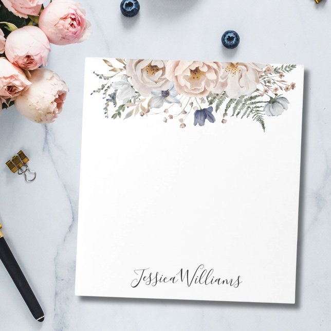 Watercolor Pretty Beige Blue Personalized Floral Notepad (In situ)