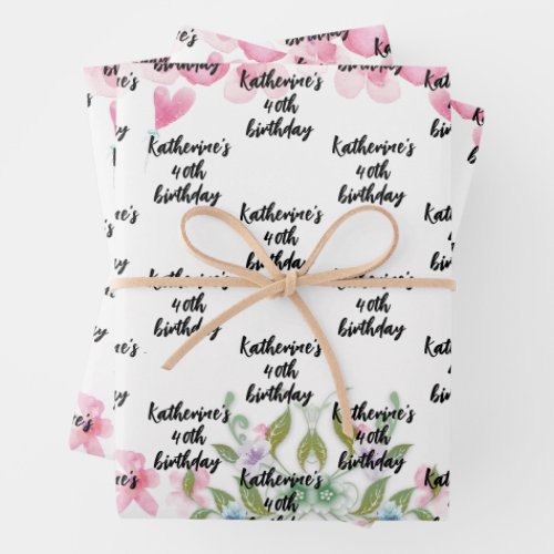 Watercolor pretty birthday floral script name  wrapping paper sheets