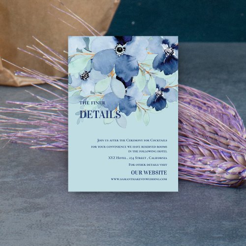 Watercolor Pretty Blue Floral Wedding Details Enclosure Card