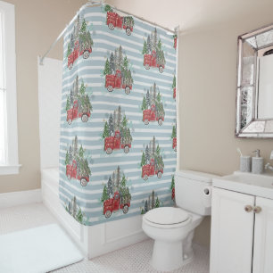 Watercolor Pretty Christmas Truck Stripes Tree Shower Curtain