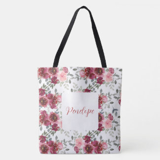 Watercolor Pretty Floral Name Tote Bag
