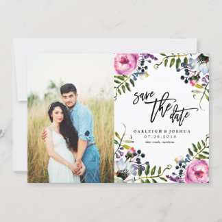 Watercolor Pretty Flowers Save the Date with Photo