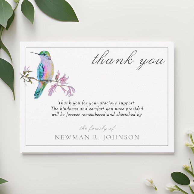 Watercolor Pretty Hummingbird Memorial Thank You Note Card (Creator Uploaded)
