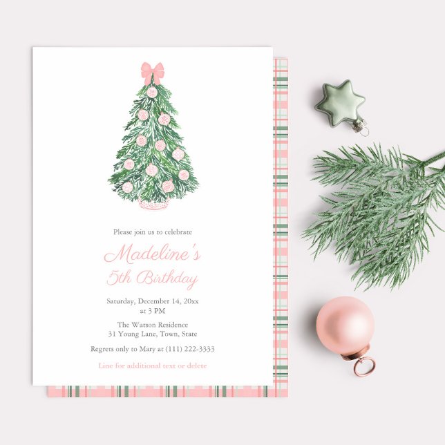 Watercolor Pretty Pink Christmas Birthday Party Invitation (Pretty Pink Chinoiserie Holidays Birthday party invitation for little girl)